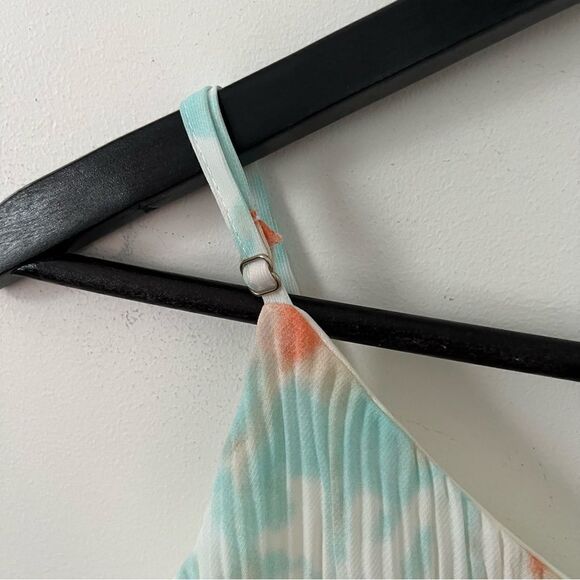 She + Sky Blue Orange Watercolor Pleated Spagetti Strap Tank Top Blouse - Picture 8 of 9